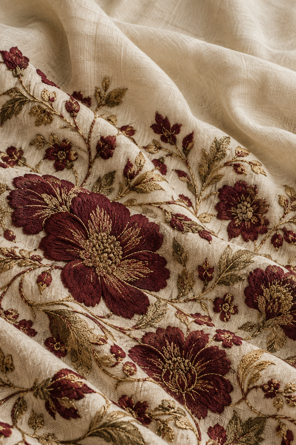 Burgundy and gold floral embroidery on softly folded ivory fabric